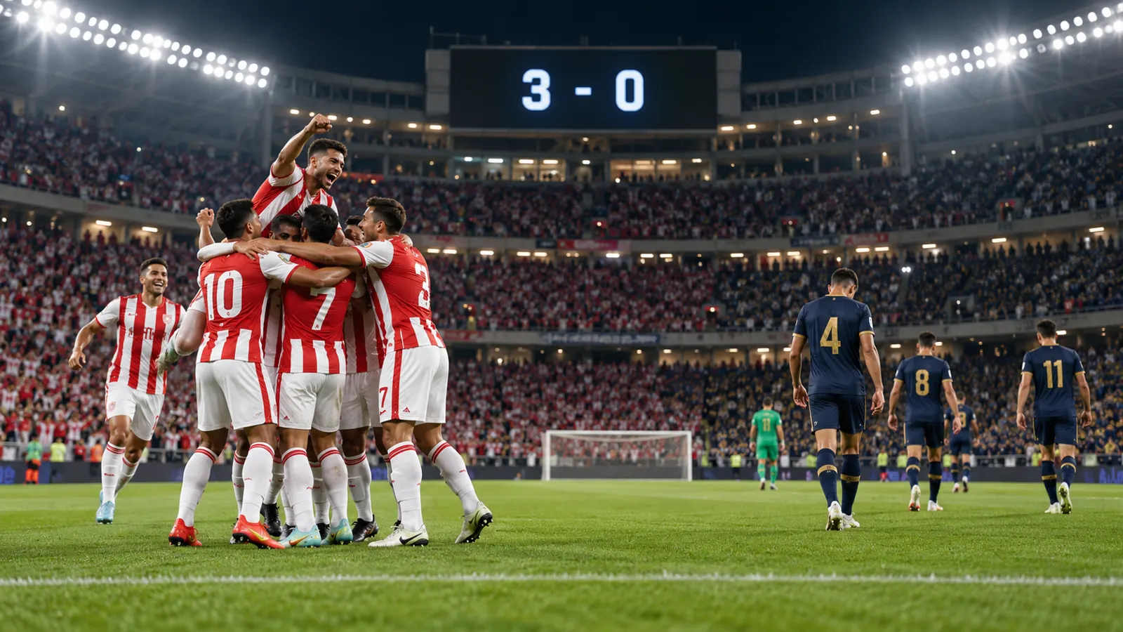 Marcador 3-0 tras un partido de futbol entre equipos de rojo y blanco y azul oscuro
