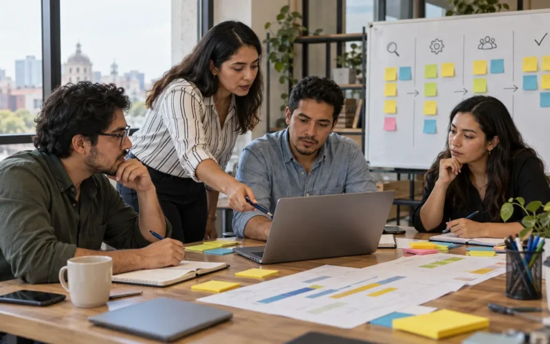 Equipo de trabajo organizando tareas, riesgos y tiempos de un proyecto