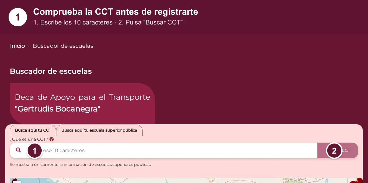 Buscador oficial de escuelas Gertrudis Bocanegra con el campo para escribir la CCT y el botón Buscar CCT