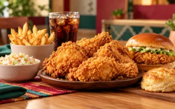Pollo, sándwich, papas, ensalada y biscuit como imagen ilustrativa del menú de Church's Chicken México