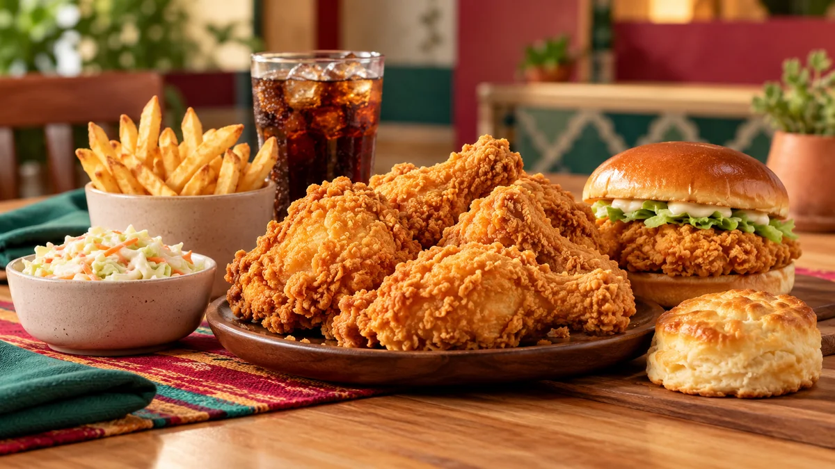 Pollo, sándwich, papas, ensalada y biscuit como imagen ilustrativa del menú de Church's Chicken México