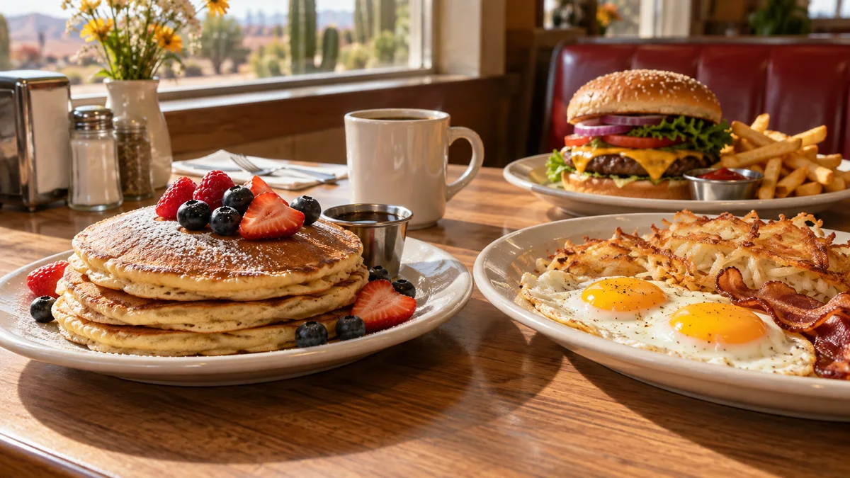 Pancakes, huevos, café y hamburguesa como referencia del menú