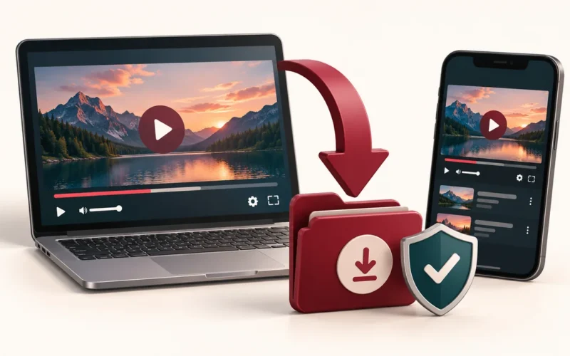Computadora y celular con un video, una flecha de descarga y un escudo de seguridad
