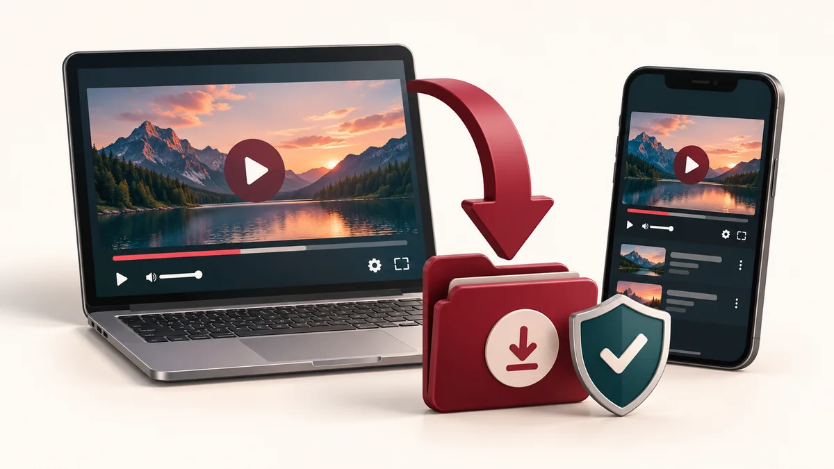 Computadora y celular con un video, una flecha de descarga y un escudo de seguridad
