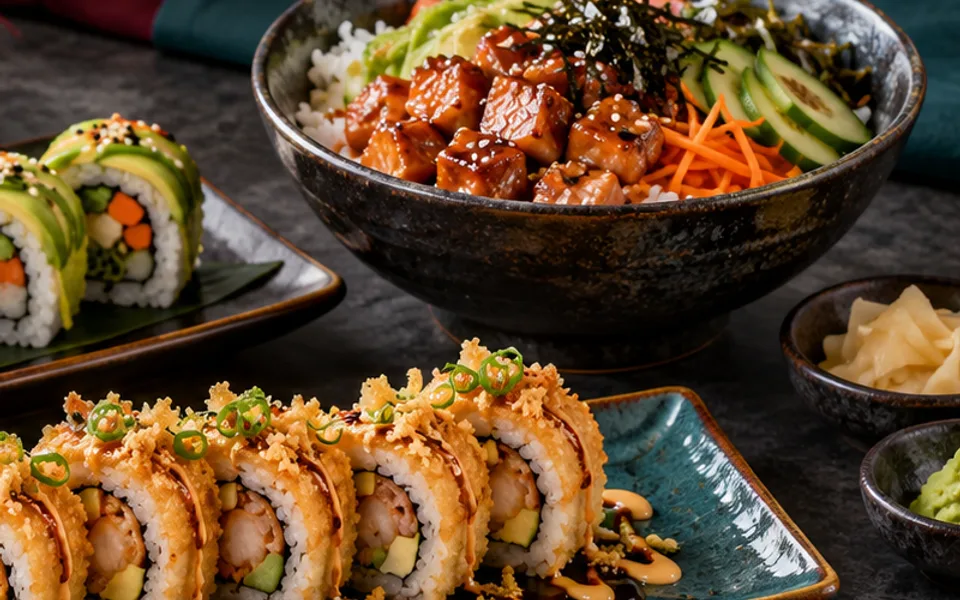 Gyozas y bowl japonés como imagen ilustrativa del menú Sushi Roll