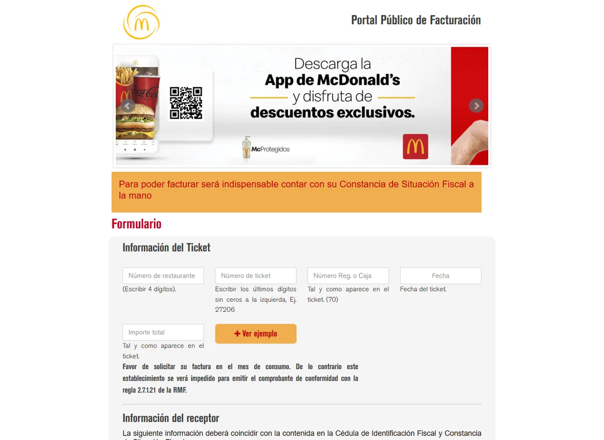 Campos oficiales para facturar un ticket de McDonald's México