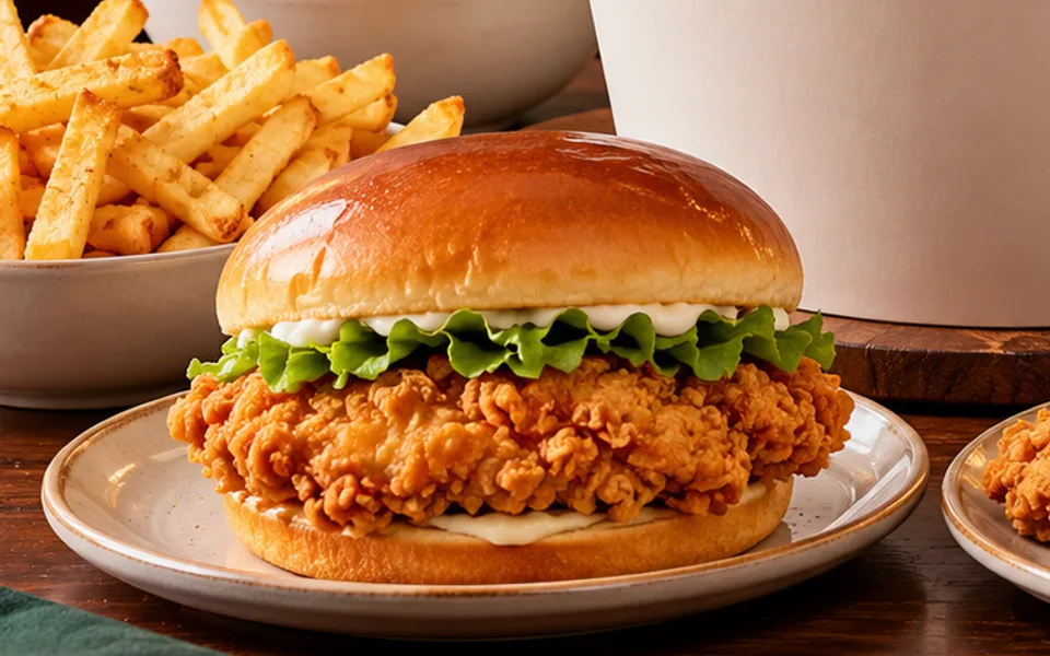 Hamburguesa de pollo ilustrativa para comparar opciones del menú KFC