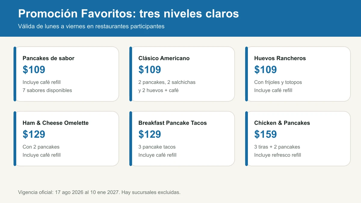Precios de pancakes, desayunos y Chicken and Pancakes en la promoción Favoritos de IHOP