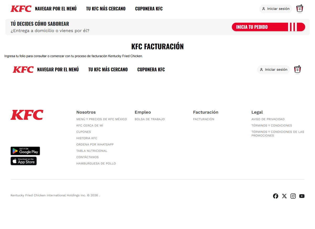 Página oficial de facturación KFC para ingresar el folio