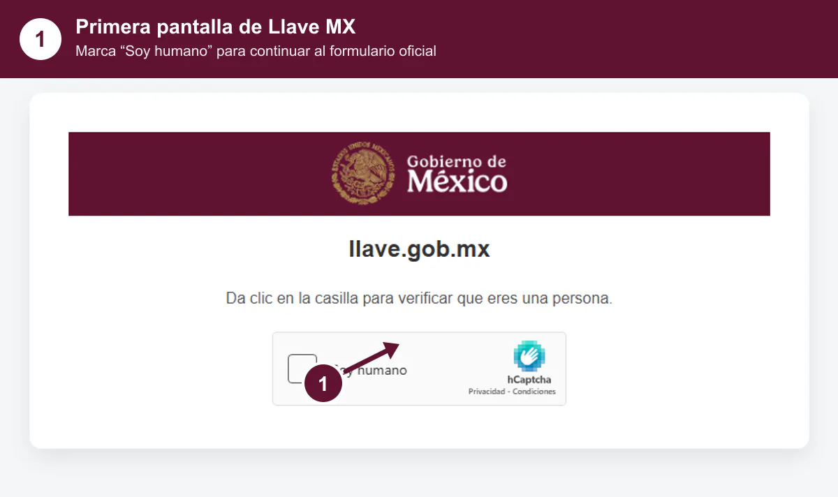 Primera pantalla oficial de Llave MX con la casilla Soy humano para continuar al formulario de registro
