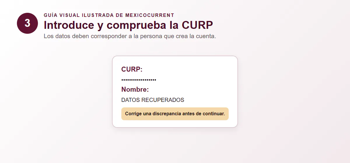 Guía visual del paso 3 para introducir la CURP y revisar los datos de identidad