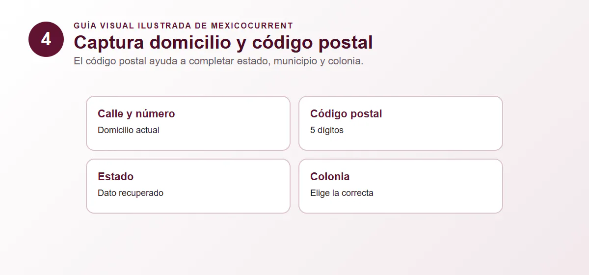 Guía visual del paso 4 para registrar domicilio y código postal