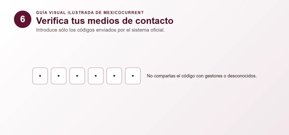Guía visual del paso 6 para verificar teléfono y correo con un código