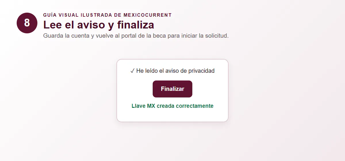Guía visual del paso 8 para revisar y finalizar la creación de Llave MX