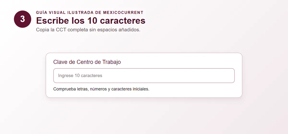 Guía visual del paso 3 para escribir los 10 caracteres de la CCT