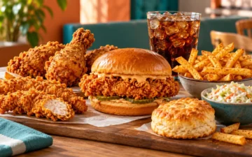 Sándwich, pollo, tenders, papas, ensalada y biscuit como imagen ilustrativa del menú Popeyes México