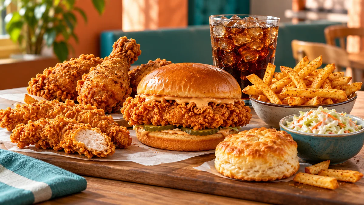 Sándwich, pollo, tenders, papas, ensalada y biscuit como imagen ilustrativa del menú Popeyes México