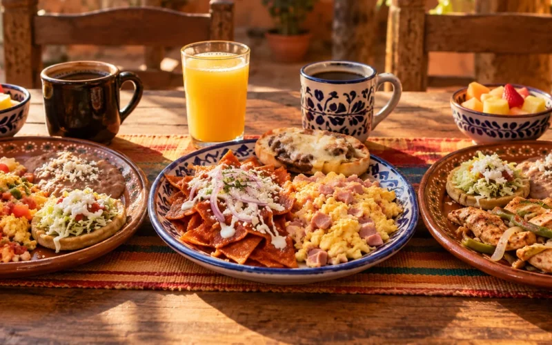 Tres niveles de desayuno mexicano completo del menú de El Portón