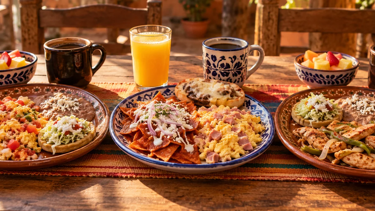 Tres niveles de desayuno mexicano completo del menú de El Portón