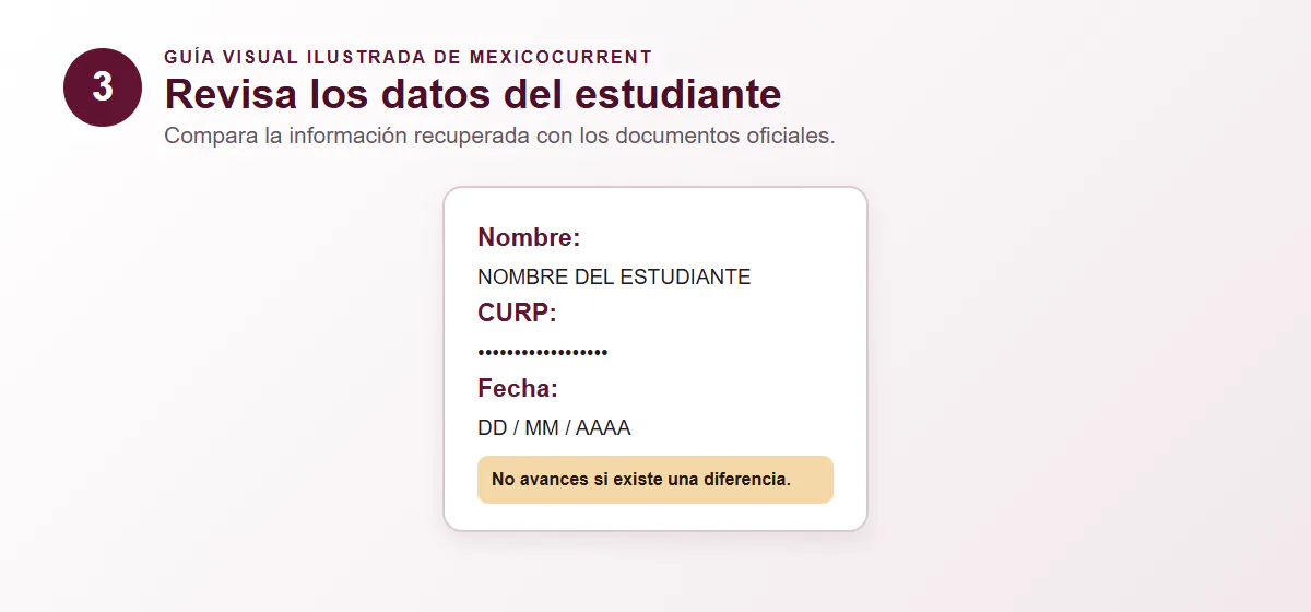 Guía visual del paso 3 para revisar CURP, nombre y apellidos del estudiante