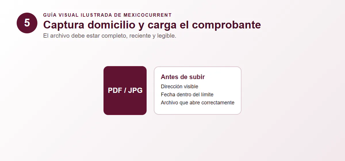 Guía visual del paso 5 para capturar domicilio y cargar un comprobante legible
