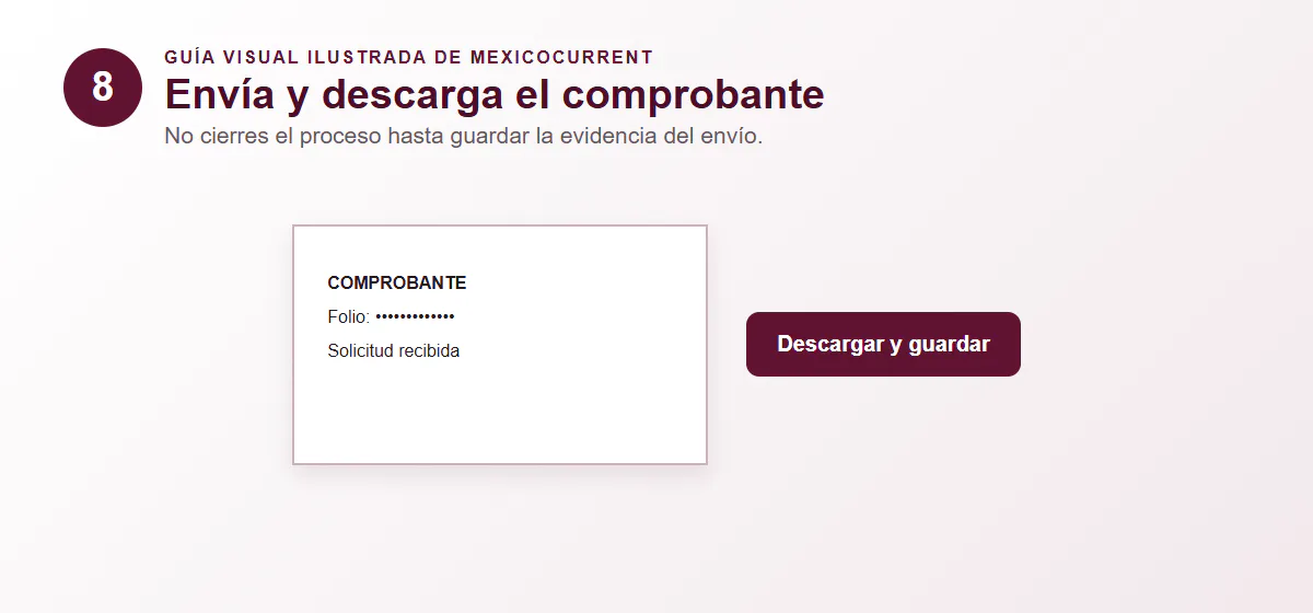 Guía visual del paso 8 para descargar y guardar el comprobante de registro
