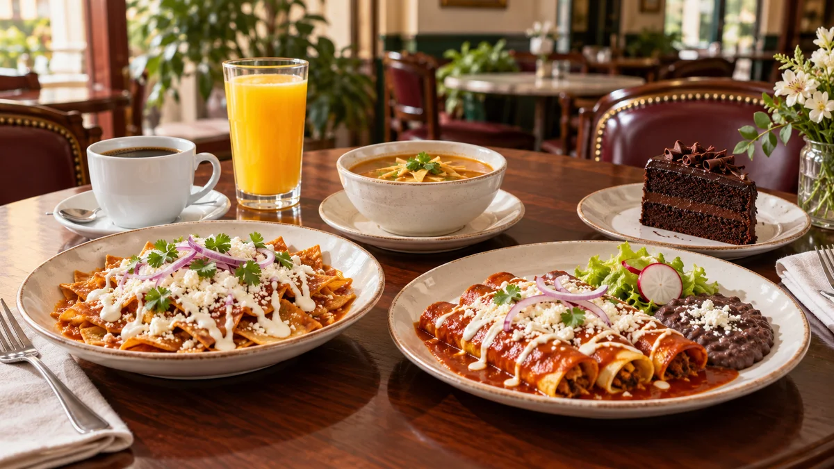 Chilaquiles, enchiladas, sopa, café y pastel como imagen ilustrativa del menú Sanborns México