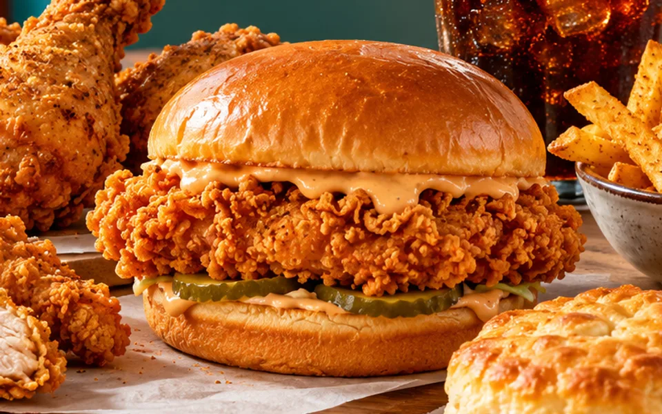 Sándwich de pollo ilustrativo para el menú de Popeyes México