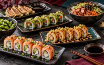 Rollos de sushi, gyozas, edamame y bowl como imagen ilustrativa del menú Sushi Roll México