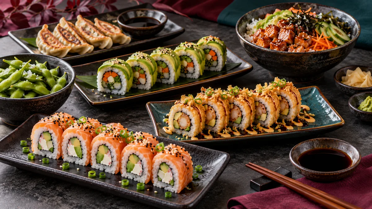 Rollos de sushi, gyozas, edamame y bowl como imagen ilustrativa del menú Sushi Roll México