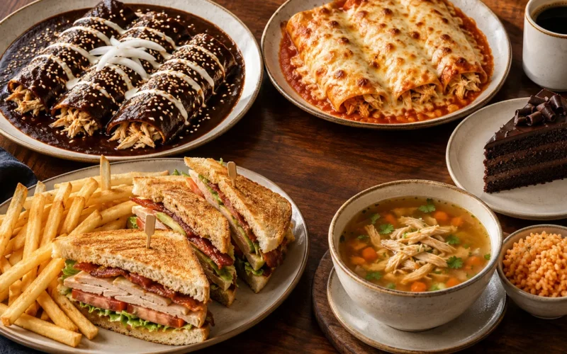 Enchiladas, club sándwich, consomé y pastel como opciones del menú de Toks