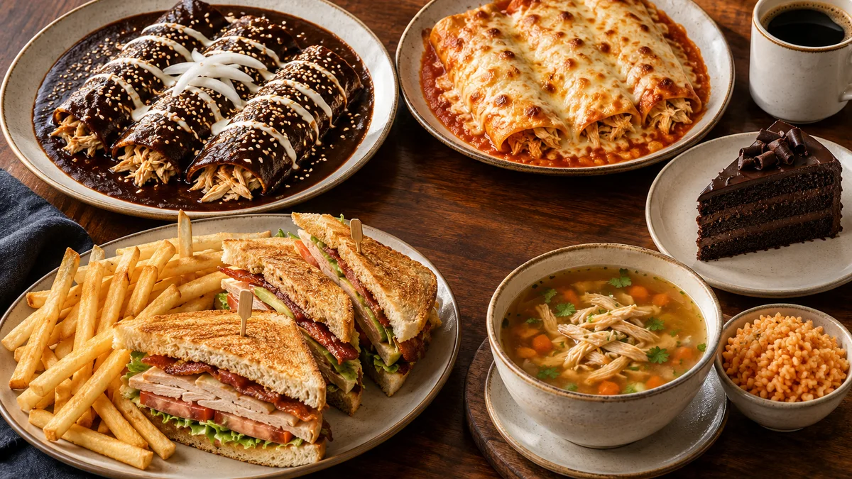 Enchiladas, club sándwich, consomé y pastel como opciones del menú de Toks